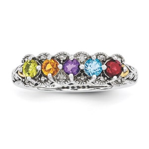 Antiqued Sterling Silver and 14k with Diamond accent Mother's Birthstone Ring 2 - 5 Stones