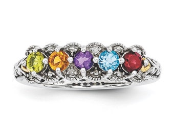 Antiqued Sterling Silver and 14k with Diamond accent Mother's Birthstone Ring 2 - 5 Stones