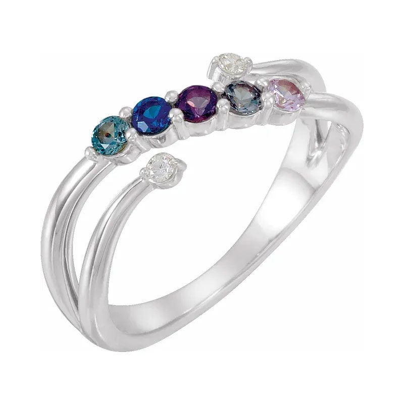 Princess Cut Mothers Birthstone Ring - Custom With 1-6 Simulated Gemstones, Sterling Silver Or 10K/14K Gold, Accent CZs - View #10