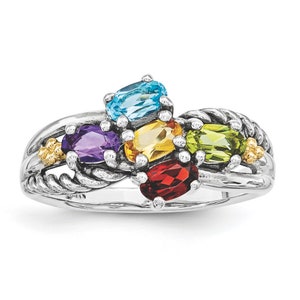 Antiqued Sterling Silver and 14k with Diamond accent Mother's Birthstone Ring 2 - 5 Oval Stones