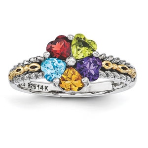 Heart Cluster Mother's Birthstone Ring Antiqued Sterling Silver and 14k gold accent 2 - 5 Stones