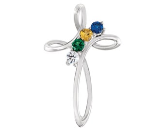 Cross Family Pendant Mother&#39;s Jewelry Sterling Silver 1-6 Round Birthstones
