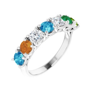 7 Large Round Stones Anniversary Band or Birthstones Ring Sterling Silver