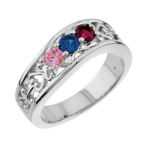 Family Birthstone Heart Ring 1- 5 Stones Personalized Sterling Silver Mother's Day Birthstone Ring