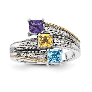 Antiqued Sterling Silver and 14k with Diamond accent Mother&#39;s Birthstone Ring 2 - 5 Stones