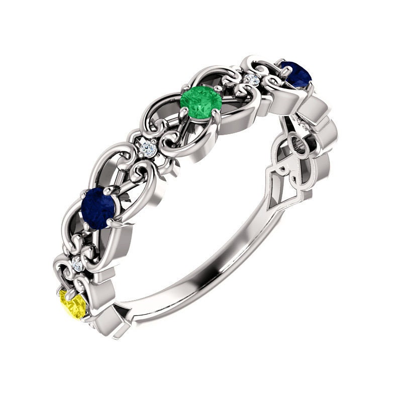 Stackable Vintage-Inspired Scroll Ring 5 Stones Sterling Silver, Personalize with Birthstone Mother's Day Ring
