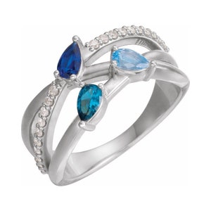 Freeform Pear Shaped Stones Accented Ring. Personalized Mother&#39;s Jewelry 1 to 4 Stones. Sterling Silver Family Birthstones Ring