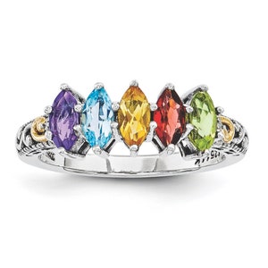 Antiqued Sterling Silver and 14k with Diamond accent Mother's Birthstone Ring 2 - 5 Marquise Stones