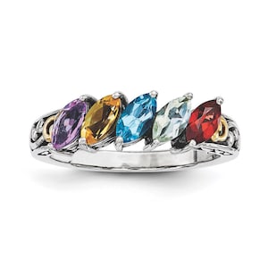 Antiqued Sterling Silver and 14k gold accent Mother's Birthstone Ring 2 - 5 Marquise Stones