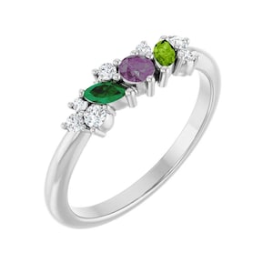 Marquise and round birthstones ring. Sterling Silver Personalized Birthstone Jewelry