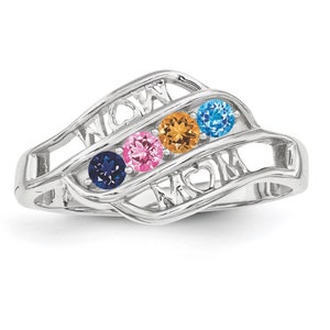Family MOM Ring 2- 5 Stones Sterling Silver Mother&#39;s Jewelry