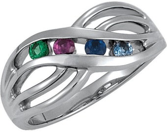 Channel Set Family Birthstone Ring 1- 4 Stones Sterling Silver Mother's Day Ring