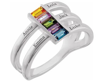Listing for Therese M. Family Ring Sterling Silver 5 Baguette Birthstones and 5 engraved names