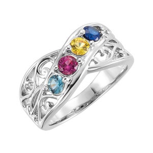 Family Birthstone Criss-Cross Filigree Ring 2-5 Stones Personalized Sterling Silver Mother's Day Birthstone Ring