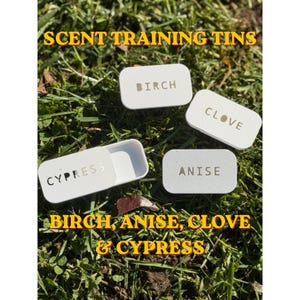 May include: White scent training tins with the words "BIRCH", "CLOVE", "CYPRESS", and "ANISE" printed on them. The text "SCENT TRAINING TINS" and "BIRCH, ANISE, CLOVE & CYPRESS" are also visible. The tins are on a bed of green grass.