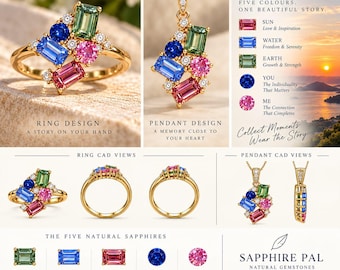 Natural Multicolor Sapphire Set, 5 Loose Gemstones for Cluster Ring, Baguette and Round Cut, Bespoke Jewelry Stones