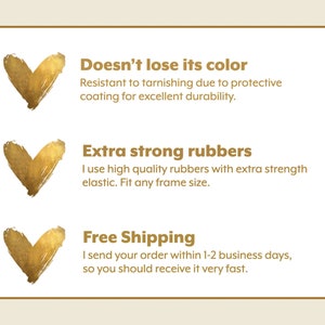 May include: Gold heart icons with text describing the benefits of purchasing a product. The text says "Doesn't lose its color", "Extra strong rubbers", and "Free Shipping".