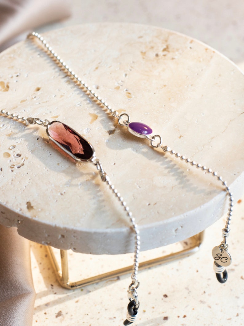 Zonnebril Ketting Zonnebrilhouder in verguld met kristalsteen Brillenriem Silver - Purple