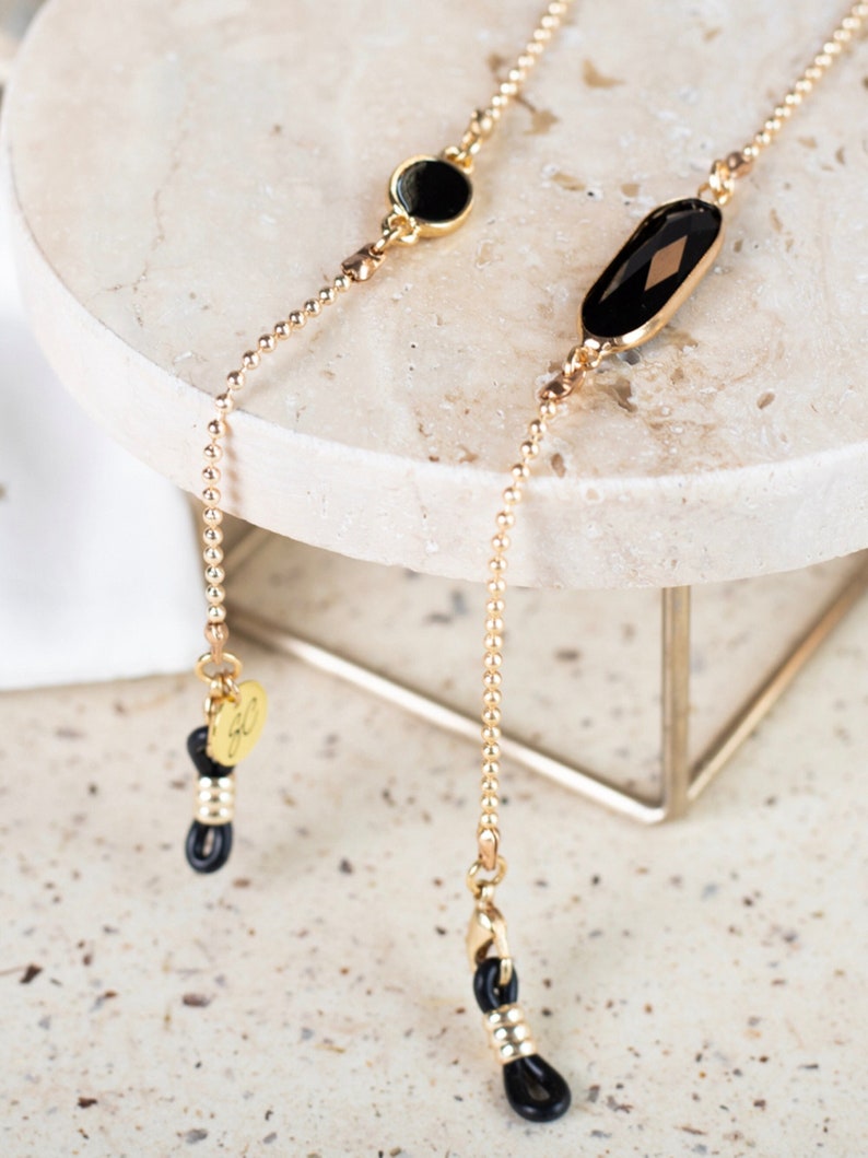 Zonnebril Ketting Zonnebrilhouder in verguld met kristalsteen Brillenriem Gold - Black