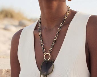 Collier de lunettes en acétate et bague en or | Chaîne pour porte-lunettes de soleil longues