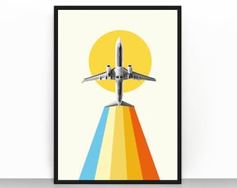 Retro aviation collage print, Mid century modern airplane wall art, 70s Retro poster