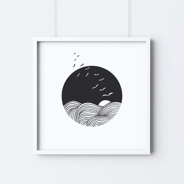 Imprimé oiseaux de mer | Imprimé oiseau noir et blanc | Illustration d'oiseau de mer | Dessin au trait noir