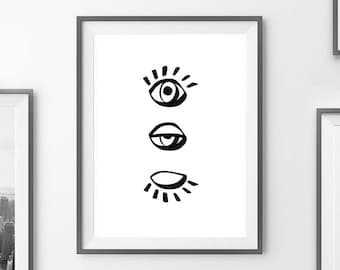 eyes print | eyelash Illustration print | Gallery wall art | Black and white print