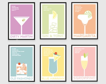 Set of 6 cocktail prints, Dirty Martini, Gin and Tionc, Margarita, Old Fashioned, Blue Hawaiian, Scroppion, home bar, kitchen wall art