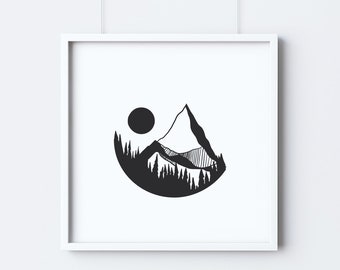 Mountain Sunrise print | Black and white mountain print | Mountain illustration | Black line art