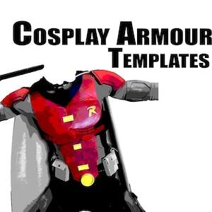 Puede incluir: La imagen muestra plantillas de armadura de cosplay. La armadura roja y negra tiene un emblema "R" amarillo y detalles dorados. El texto "Cosplay Armour Templates" está en negrita negra.