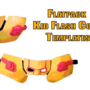 Könnte beinhalten: Gelbe und rote Kid Flash Cowl-Vorlagen. Die Vorlagen sind in einem Flatpack-Design gehalten, mit dem Text "FLATPACK Kid Flash Cowl TEMPLATES" in Gelb und Schwarz.
