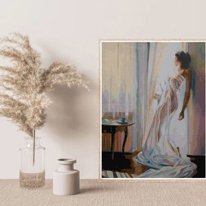 Women at the Open Window Feminine Lady Counted Cross Stitch Pattern - PDF Digital Download