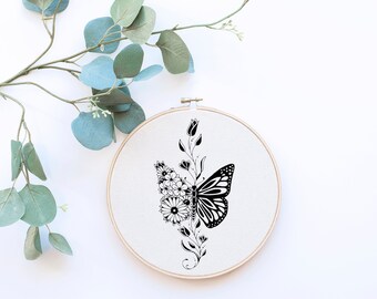 Wildflower Butterfly - Embroidery Hoop Pattern Template - PDF Digital Download