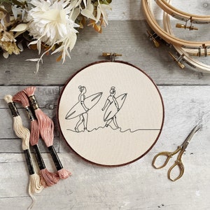 Couple with Surfboards Surfing Beach Ocean Art - Embroidery Hoop Pattern - PDF Digital Download