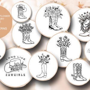 Bundle of over 10 Cowboy Boots Wildflower Sunflower Embroidery Hoop Pattern Templates - PDF Digital Download