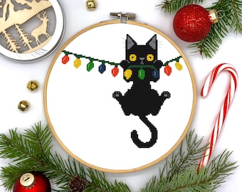 Christmas Holiday Black Cat Hanging from Christmas Lights Humor Counted Cross Stitch Pattern - PDF Digital Download
