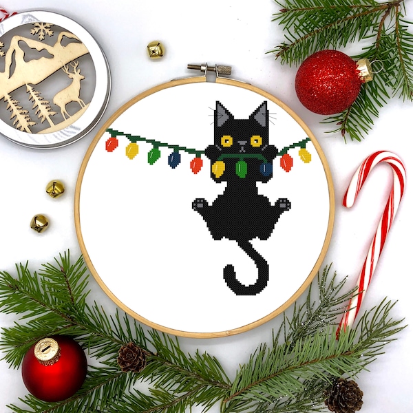 Christmas Holiday Black Cat Hanging from Christmas Lights Humor Counted Cross Stitch Pattern - PDF Digital Download