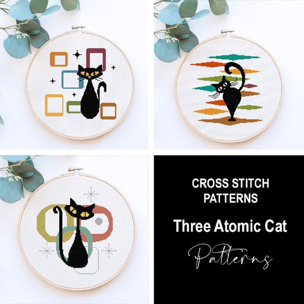 THREE Pattern BUNDLE - Mid Century Atomic Black Cat Counted Cross Stitch Patterns - PDF Digital Download