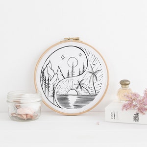 Mountain Beach Ocean Landscape Embroidery Hoop Pattern Template - PDF Digital Download