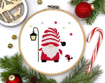 Santa Gnome Christmas Holiday Modern Minimalist Counted Cross Stitch Pattern - PDF Digital Download