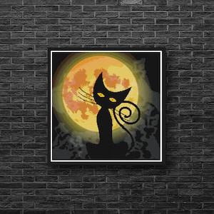 Mid-Century Art Black Cat against the Moon Counted Cross Stitch Pattern - PDF Digital Download