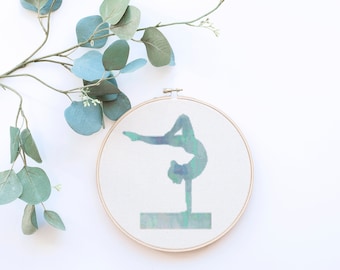 Blue Watercolor Gymnast Gymnastics on Beam Counted Cross Stitch Pattern - PDF Digital Download