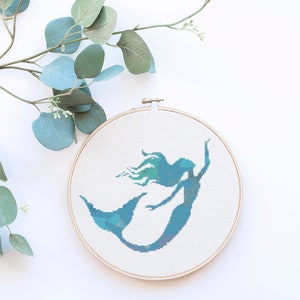 Blue Mermaid Beach Art Counted Cross Stitch Pattern - PDF Digital Download