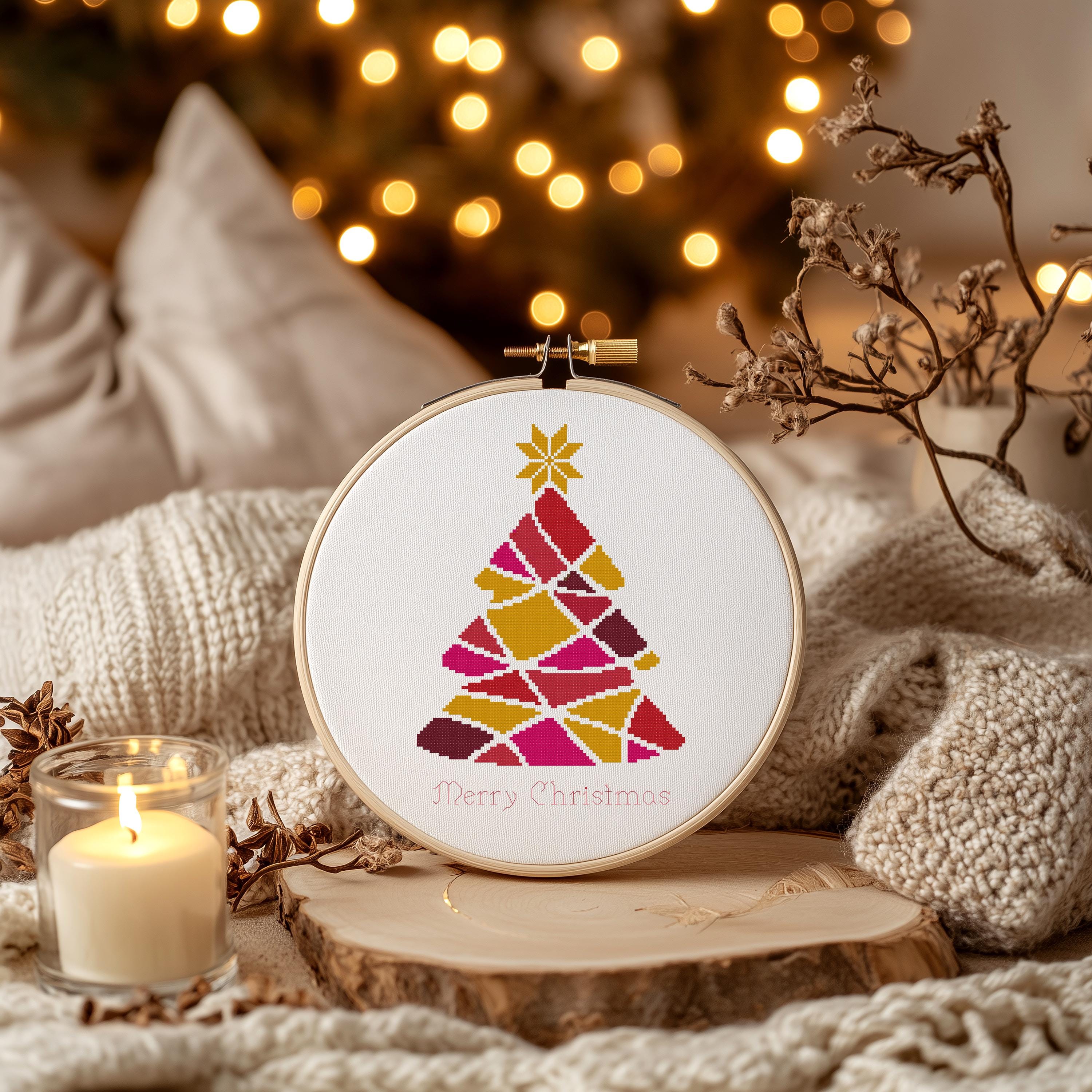 Christmas Tree Pink Red Orange Holiday Winter Counted Cross Stitch Pattern - PDF Digital Download