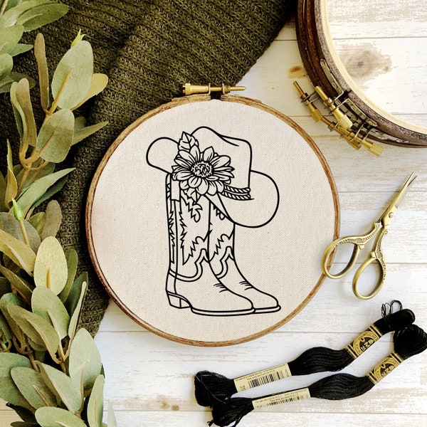Cowboy Boot & Hat Wildflowers Embroidery Hoop Pattern - PDF Digital Download