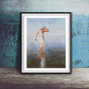 Girl by the Sea Beach Art Counted Cross Stitch Pattern - PDF Digital Download