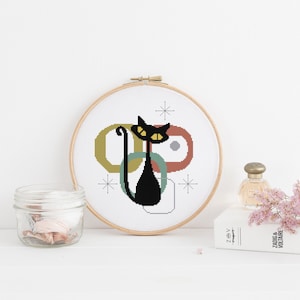 Atomic Black Cat Mid Century Art Counted Cross Stitch Pattern - PDF Digital Download