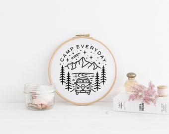 VW Bus Camper RV Camping in the Mountains -  Embroidery Hoop Pattern Template - PDF Digital Download