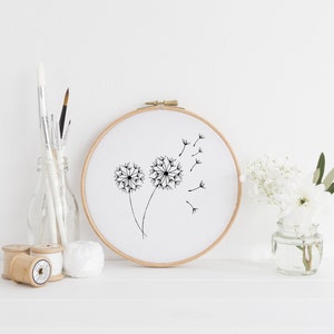 Two Blowing Blooming Dandelions  - Embroidery Hoop Pattern Template - PDF Digital Download