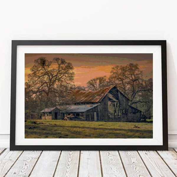 Landscape Rustic Old Barn at Sunset Counted Cross Stitch Pattern - PDF Digital Download